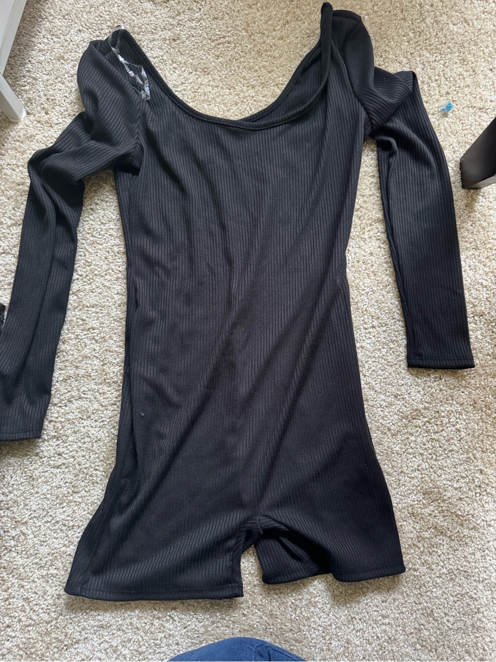 Black Ribbed Long-Sleeve One-Piece